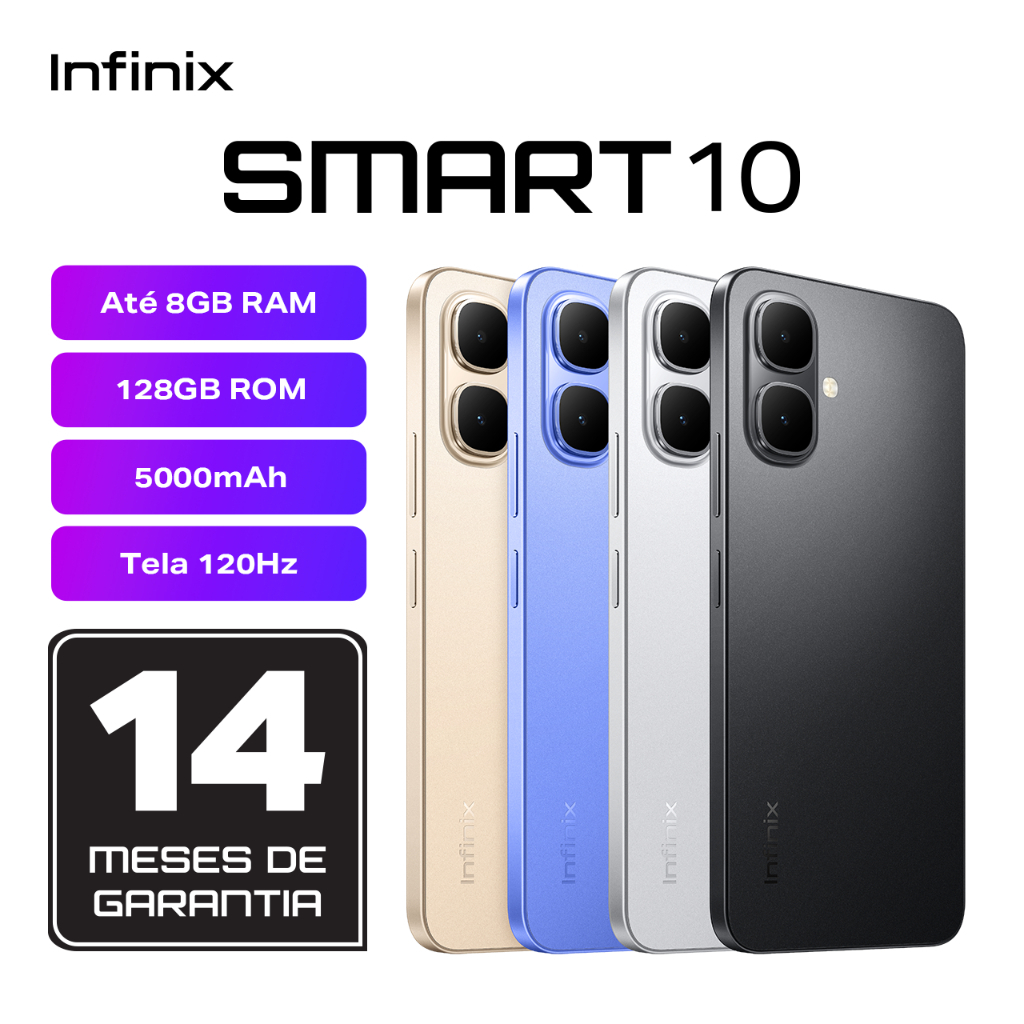 Infinix Smart 10 4.5G, 128GB/4GB RAM Expansível, 