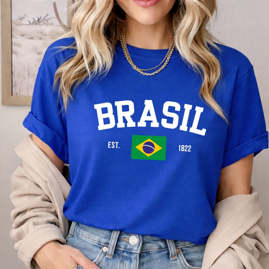 Camisa Feminina Brasil Camiseta Gola Redonda 100% 