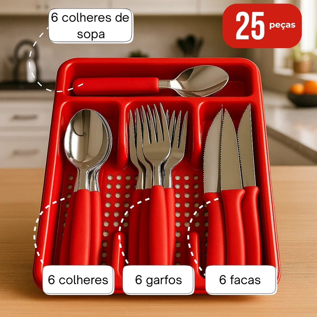 Jogo de Talheres 24 Pecas Inox Com Suporte Gavetei