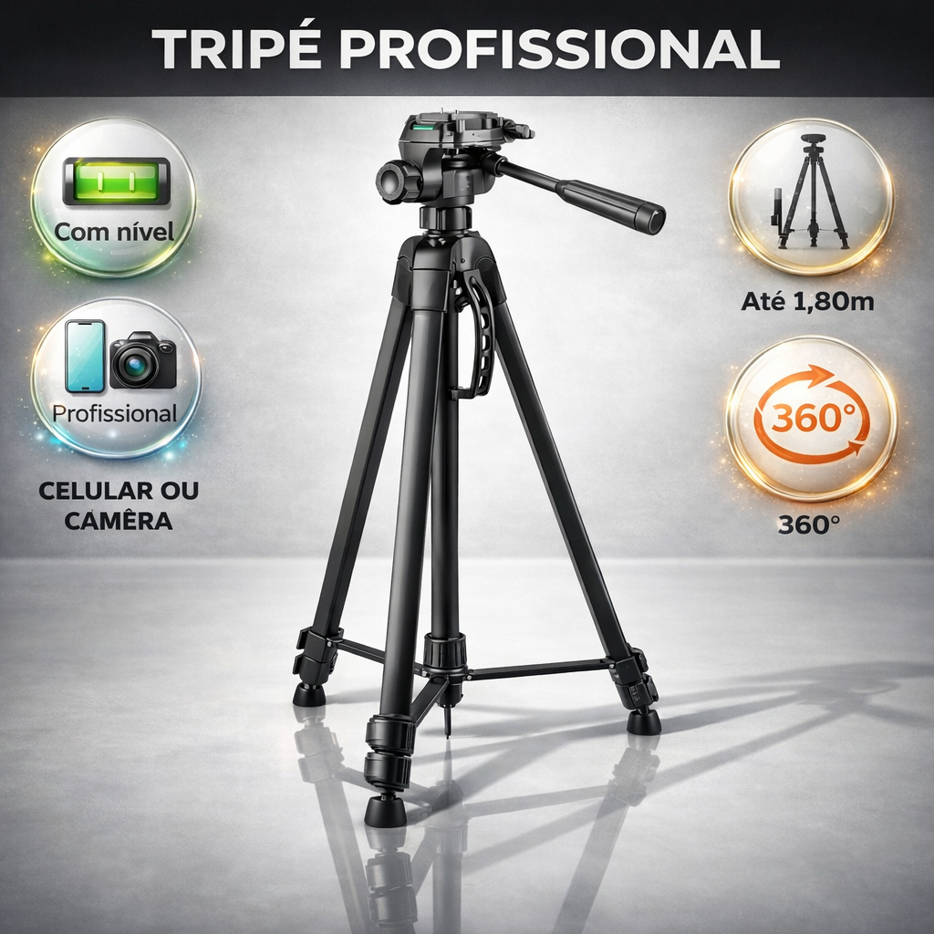 Tripé Universal 1,80M Profissional Preto Câmera 