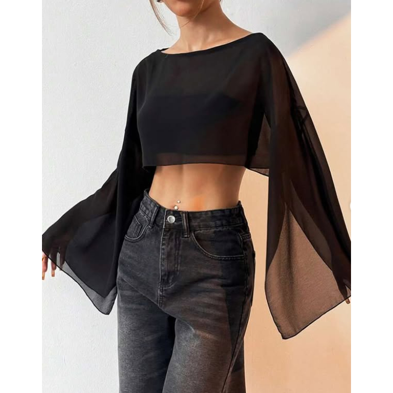cropped tule manga longa aberta