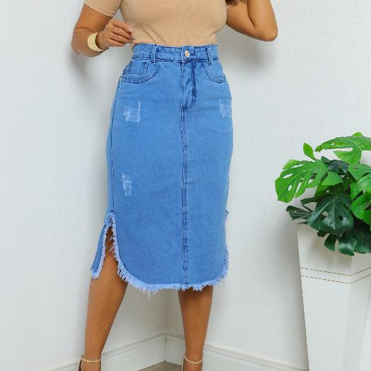 Saia Jeans Midi Premium com Fenda Lateral e Detalh