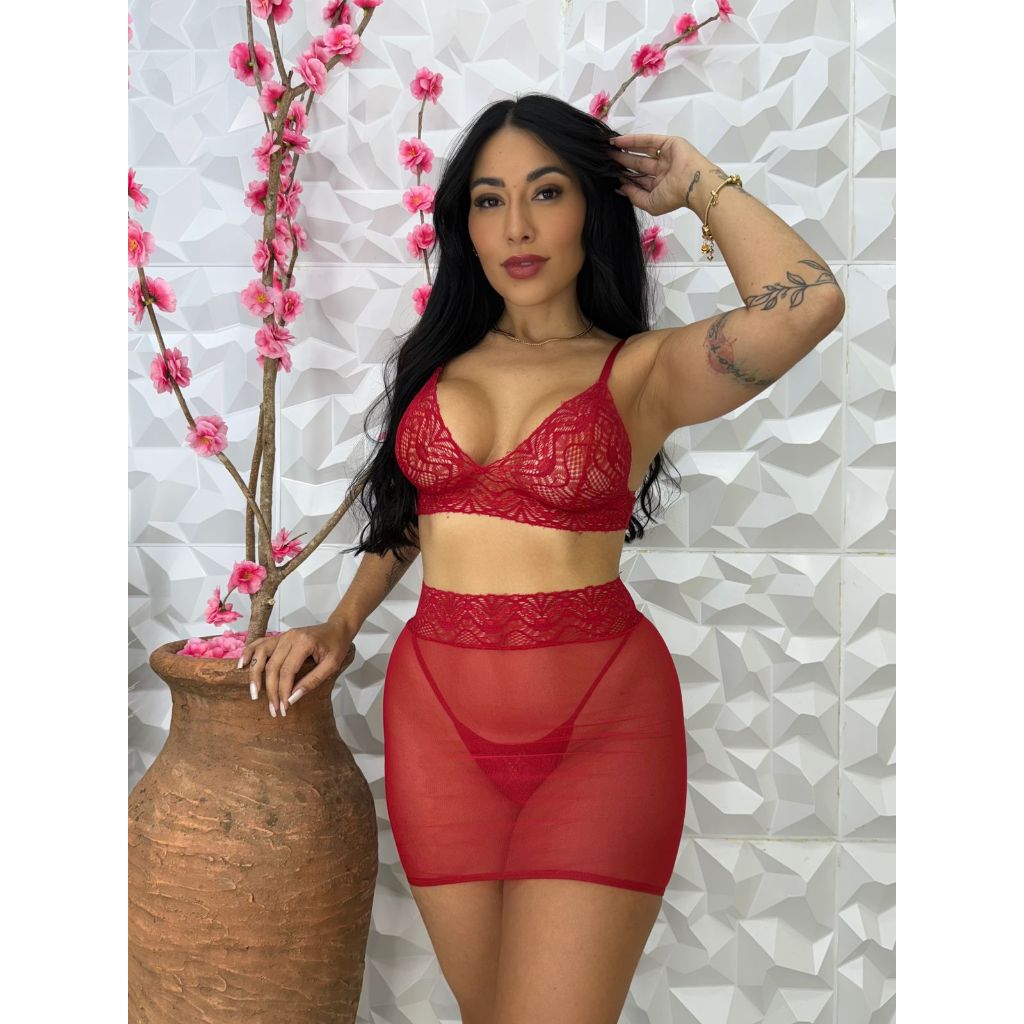 Conjunto de Renda e Tule Paixão Quente Sem Bojo L