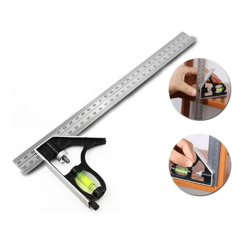 Esquadro Combinado Inox 30cm 12 Com Nível E Régu