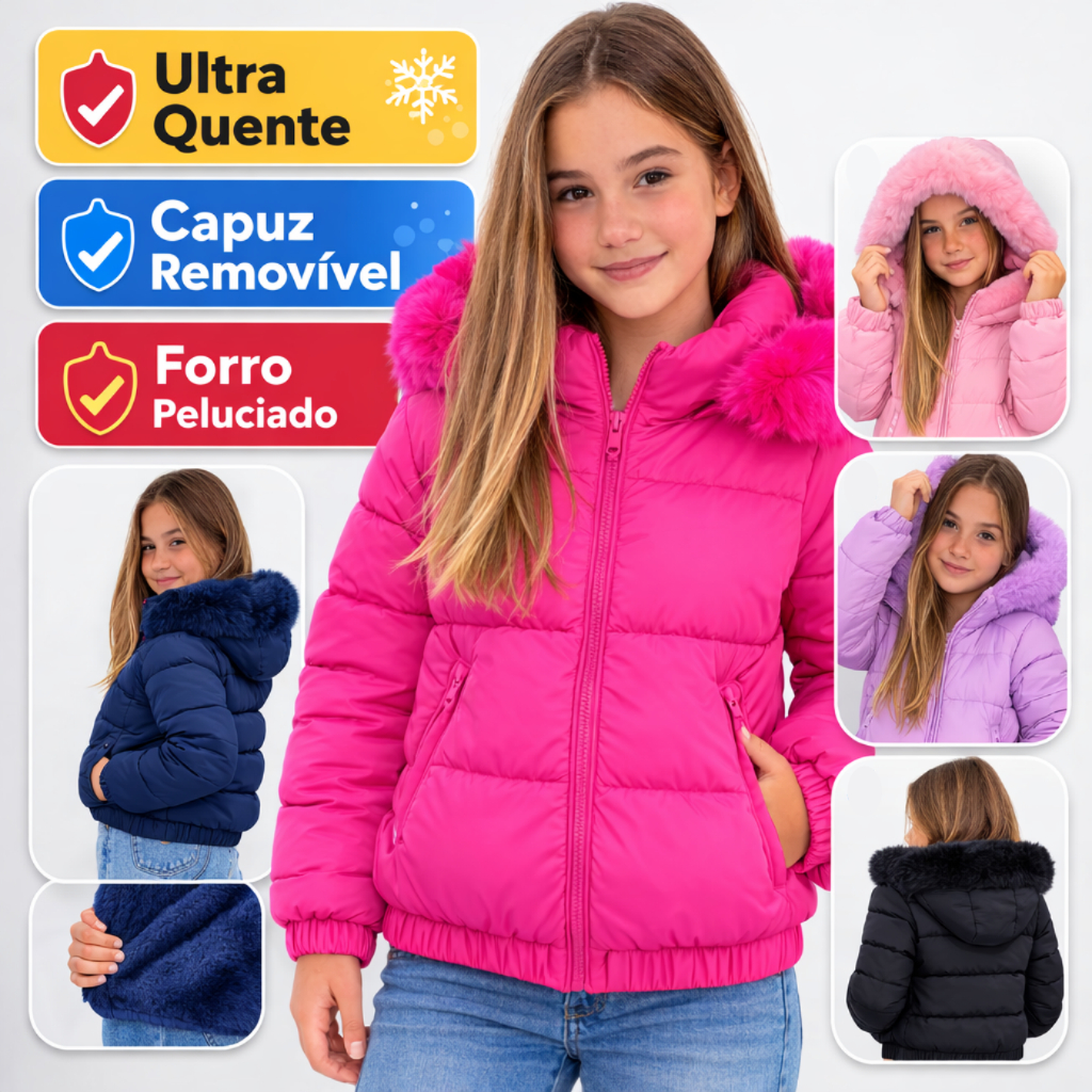 Jaqueta Cropped Puffer Infantil Juvenil Peluciada 