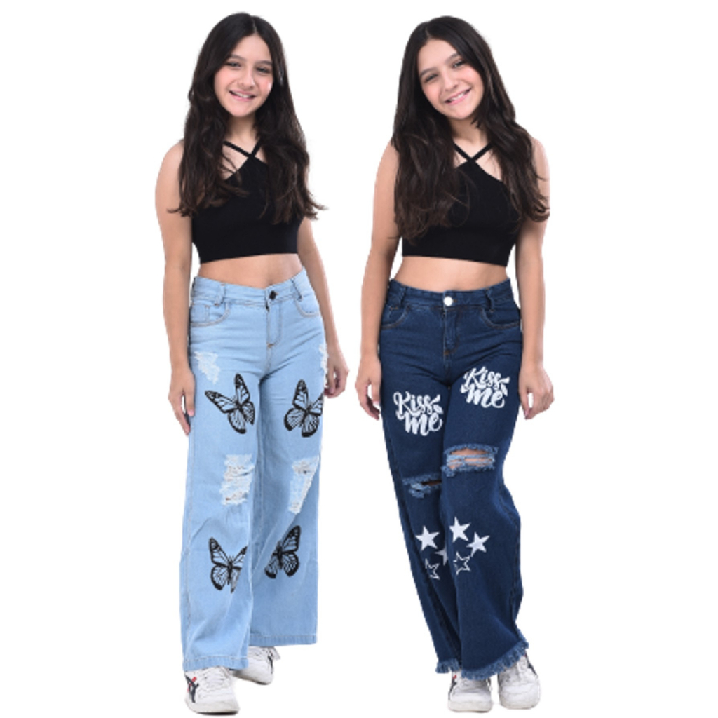 Calça  jeans pantalona infantil wide leg  com des