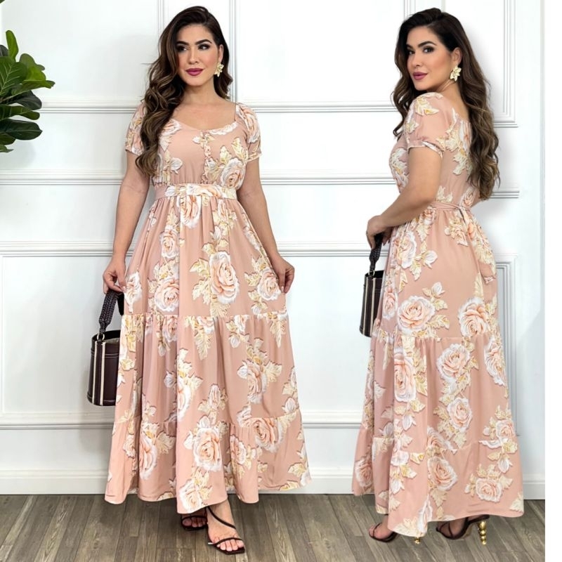 Vestido Feminino Longo Estampado Elegante Forrado 
