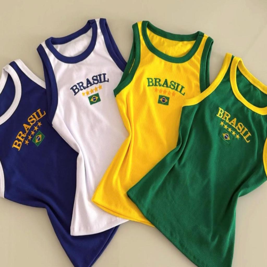 Regata Brasil Feminina Canelada Bordada  Blusa Bra