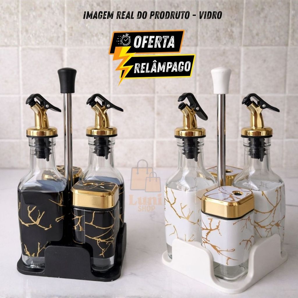 Kit Galheteiro Vidro Mármore Branco ou Preto Port