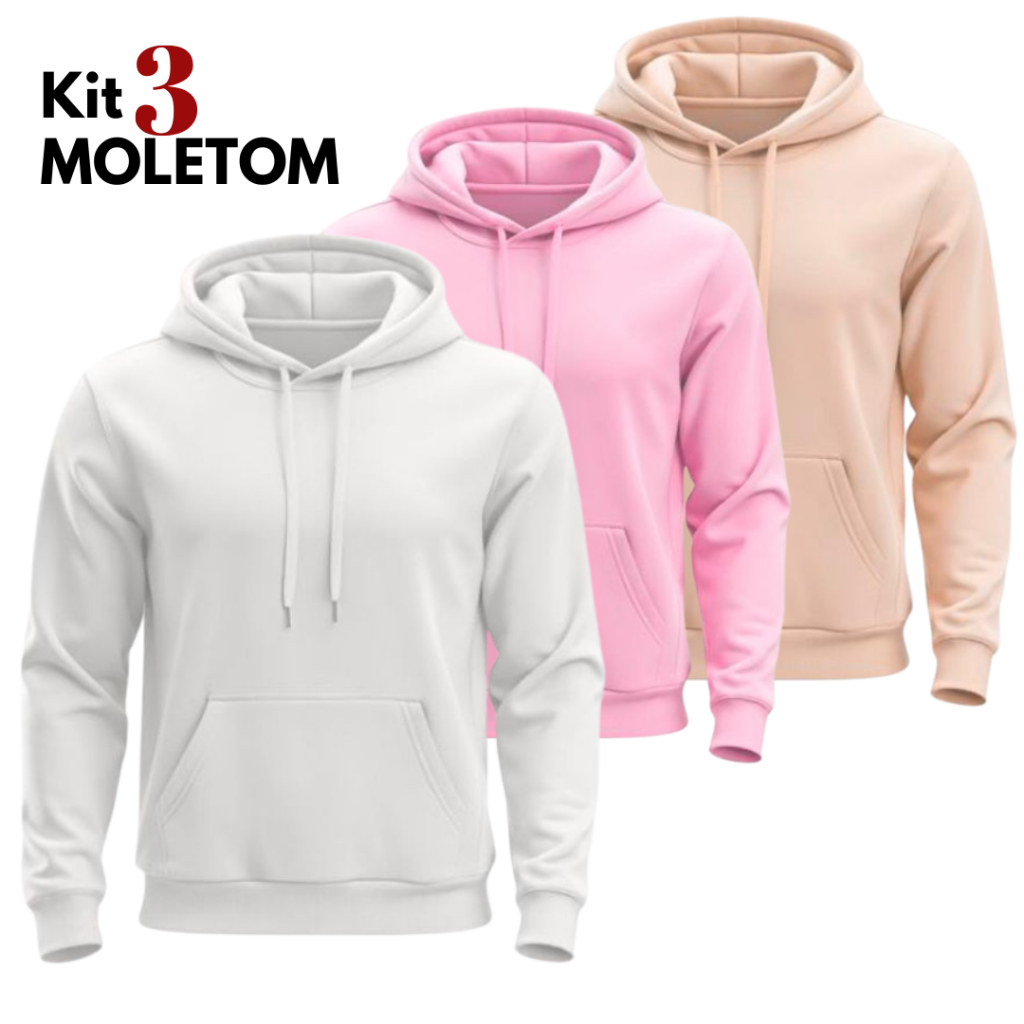 Kit 3 Moletom Liso Unissex Casual Blusa de Frio Fl