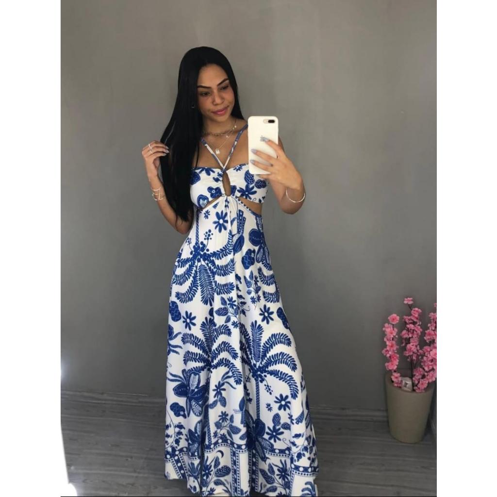 Vestido Longo Tropical Estampado com Recortes Moda