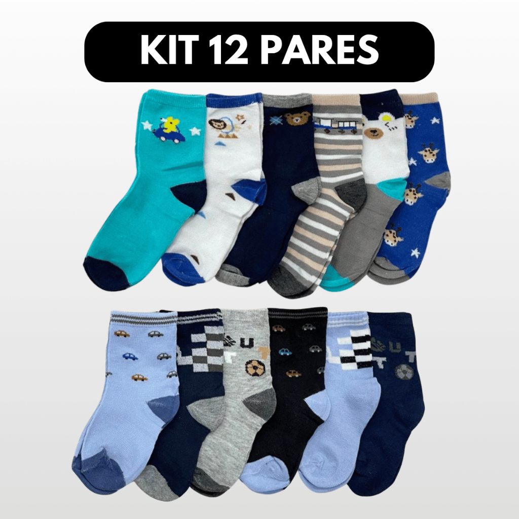 Kit 12 Pares de Meias Infantil Estampadinha Menino