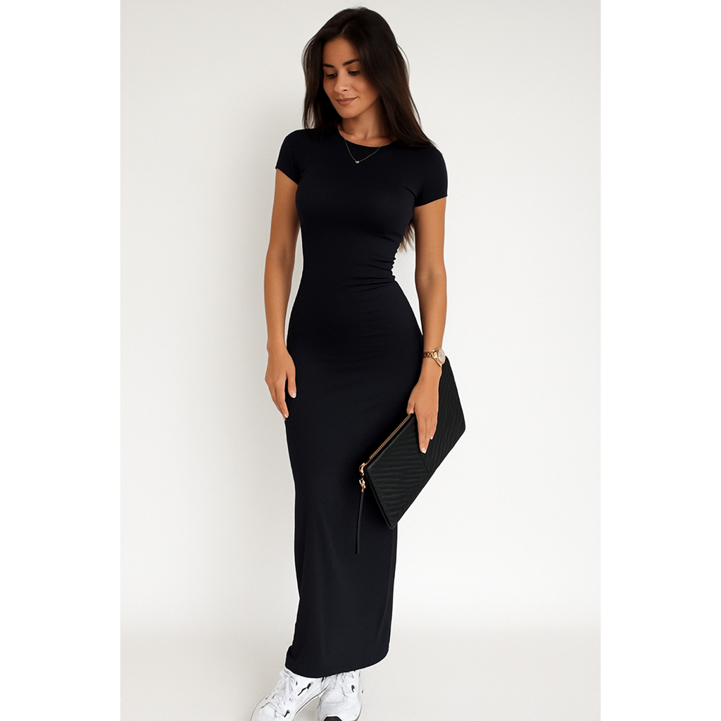 Vestido Manga Curta Longo Liso Gola Redonda Casual
