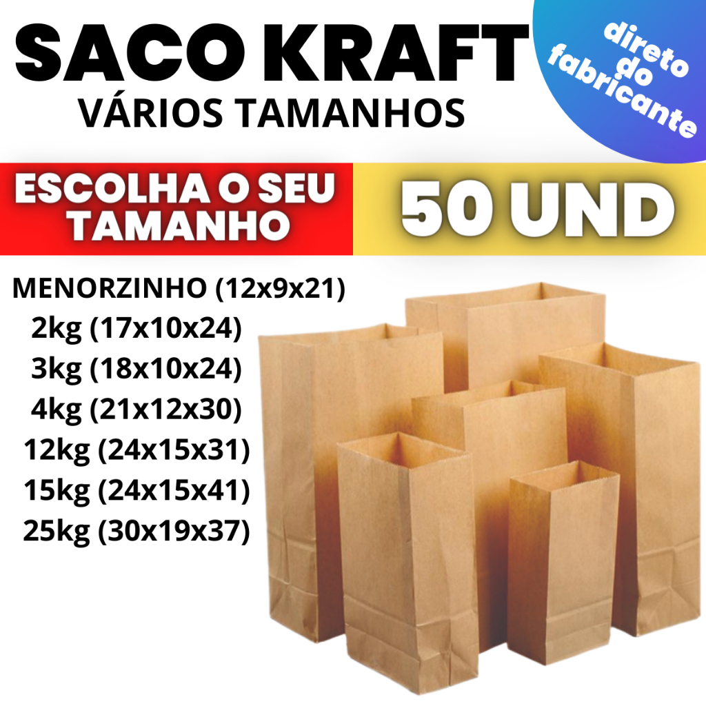 Saco Kraft Embalagem de Papel Craft Para Delivery 