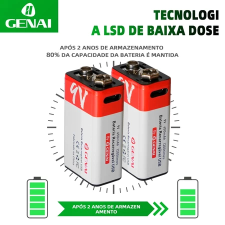 Kit 2 Baterias Recarregável 9 Volts Knup 9v 650ma