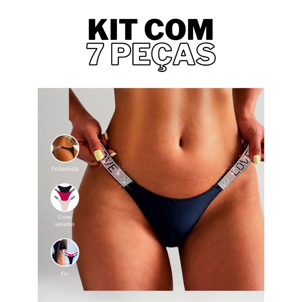Kit 7 Calcinhas Fio Dental Love Strass Sexy Poliam