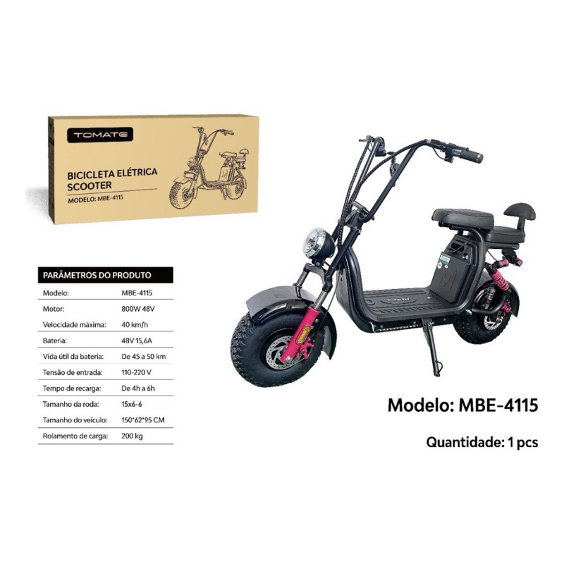 Scooter Elétrica Moto 800w 48v 40km/h Até 200kg 