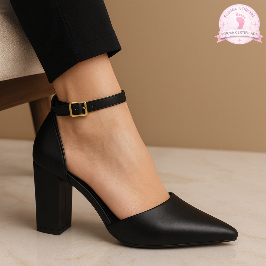 Sapato Feminino Scarpin Bico Fino Salto Bloco Gros