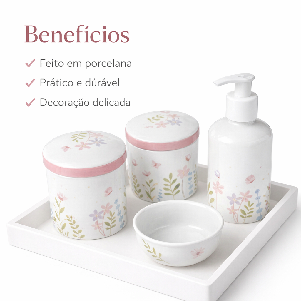 Kit Higiene Bebê Porcelana Floral Rosa Lindas Del