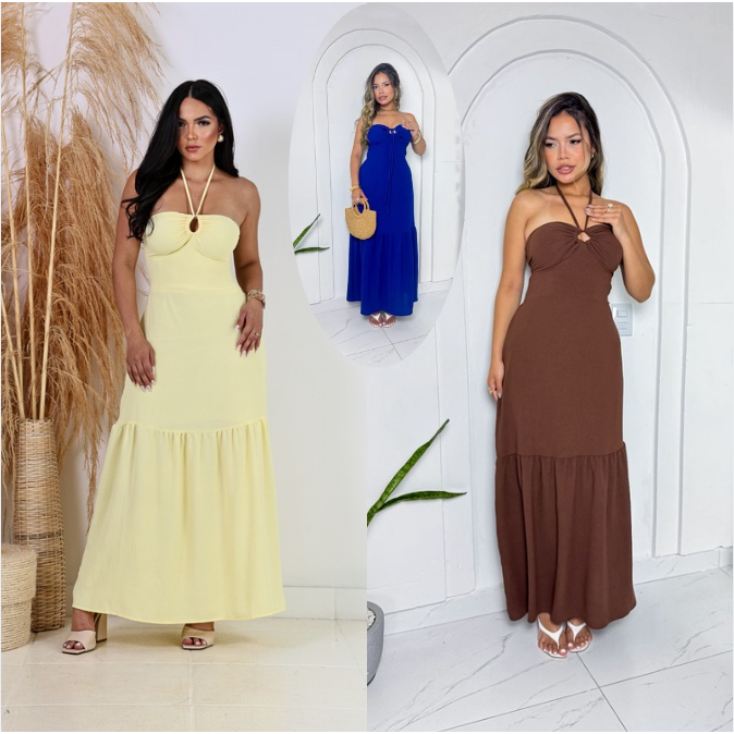 vestido longo feminino liso com 3 formas de usar .