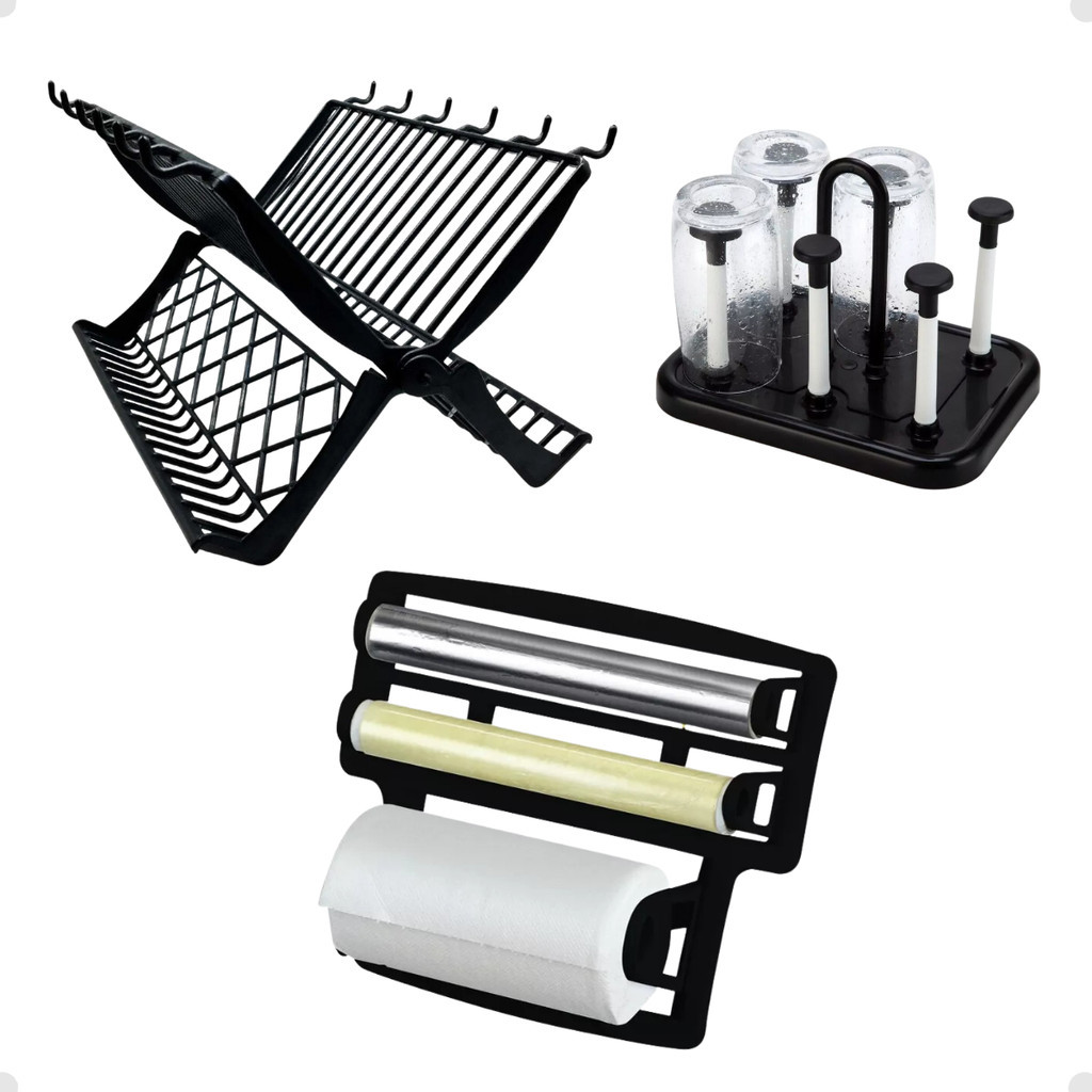 Kit Porta Rolo Escorredor Copos Pratos Louças Coz