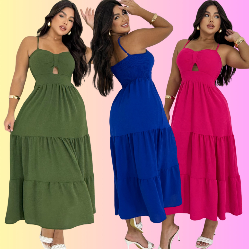 Vestido Feminino  Midi com Recorte e Alças Finas