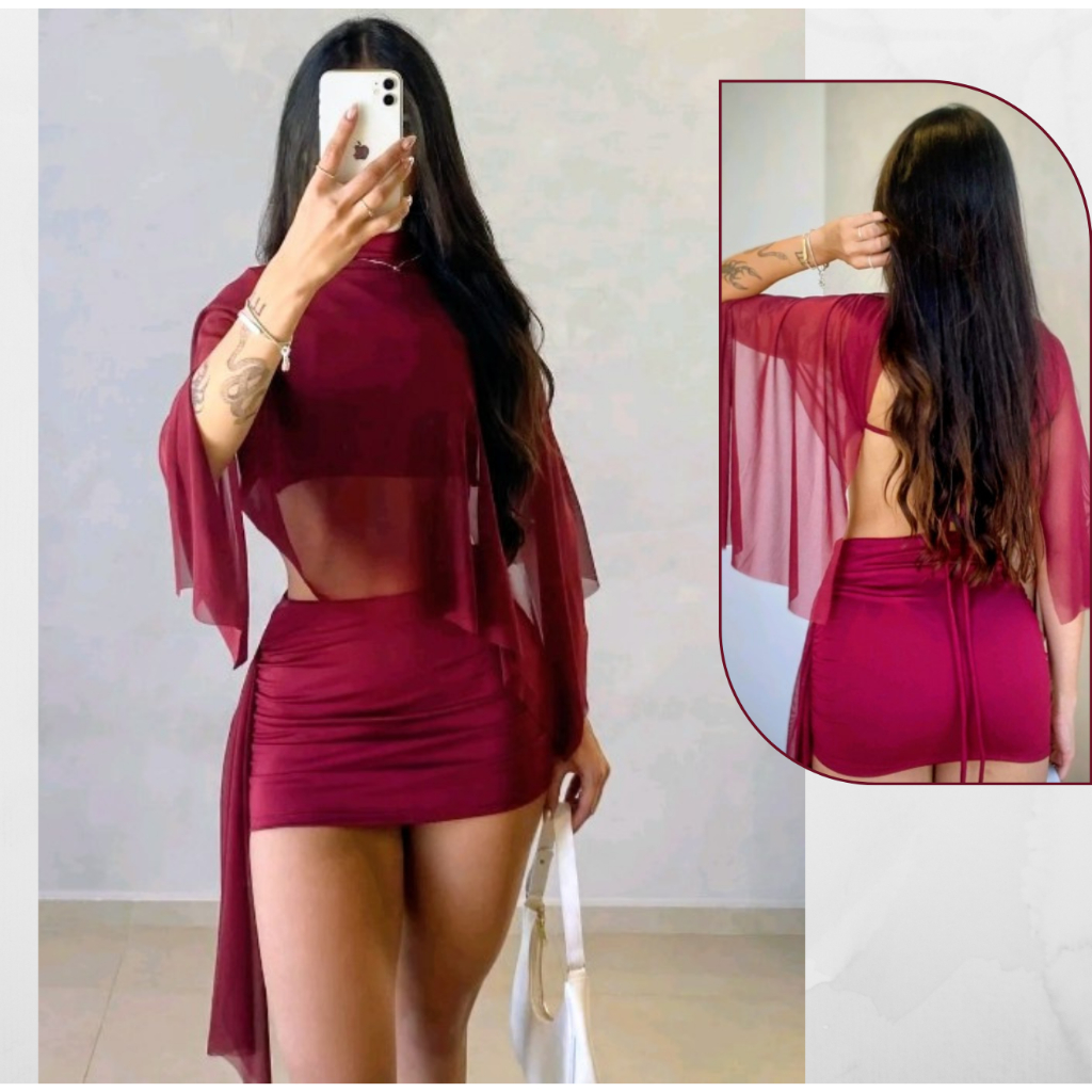 Conjunto Feminino Top e Saia Com Tule Manga Longa 