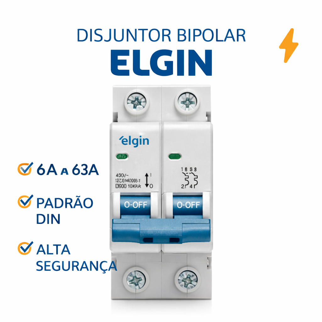 Disjuntor Bipolar Elgin 2P DIN 6A 10A 16A 20A 25A