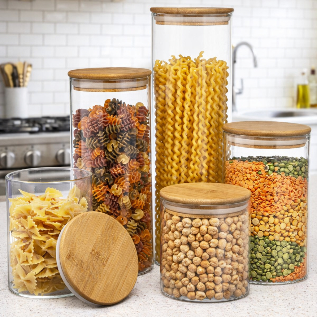 Jogo 5 Potes Hermetico Vidro Cozinha Mantimentos T