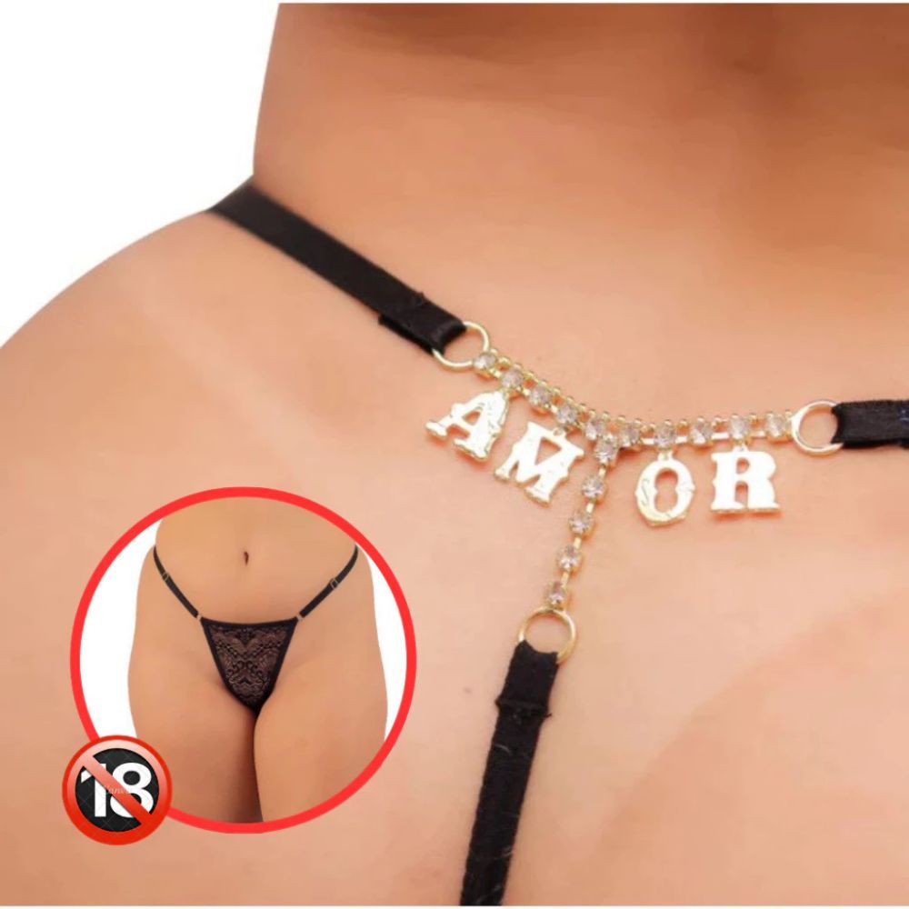 Calcinha Fio Dental Com Frase Letras em Metal Dour