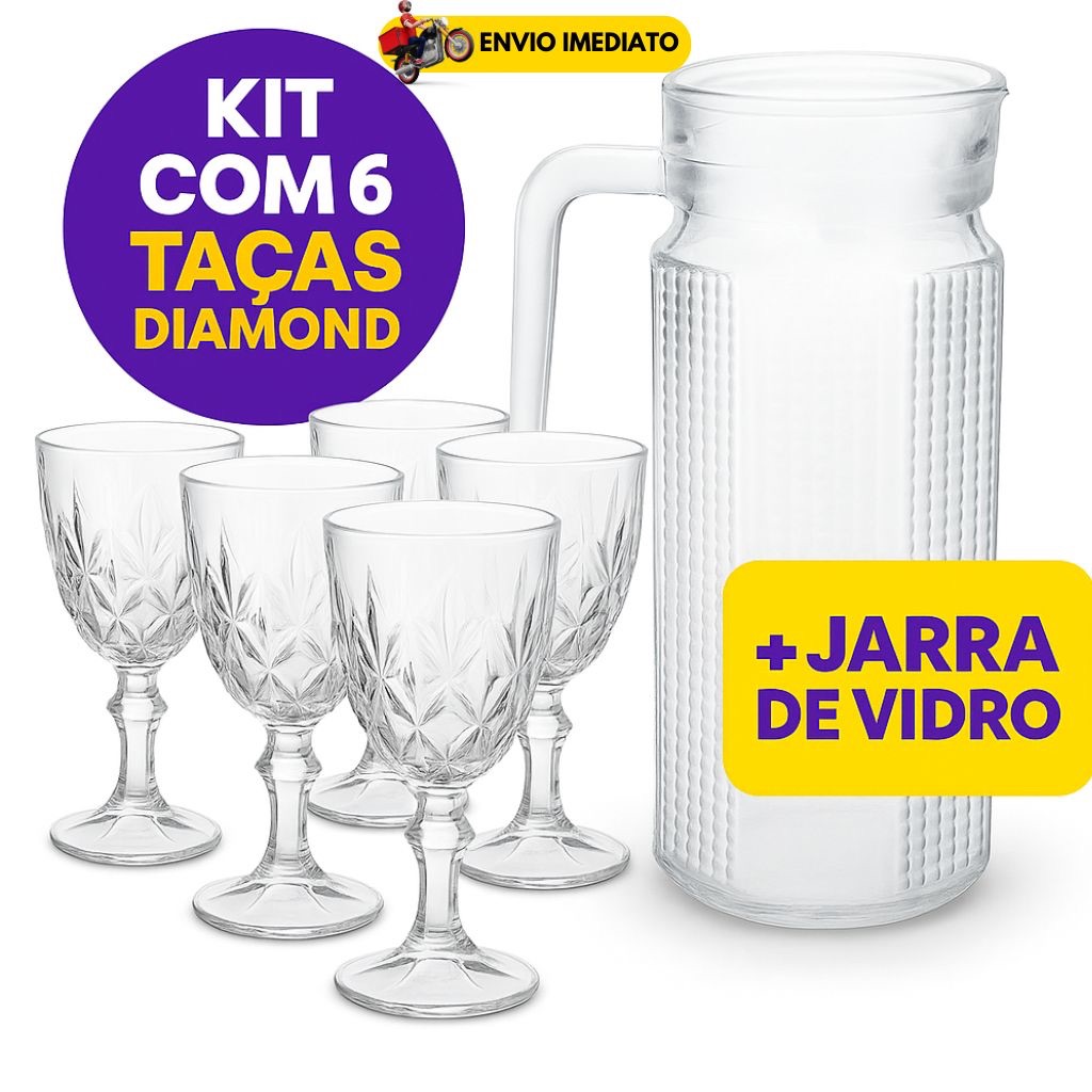 Jogo de Taças Copo Diamante + Jarra De Vidro Suí