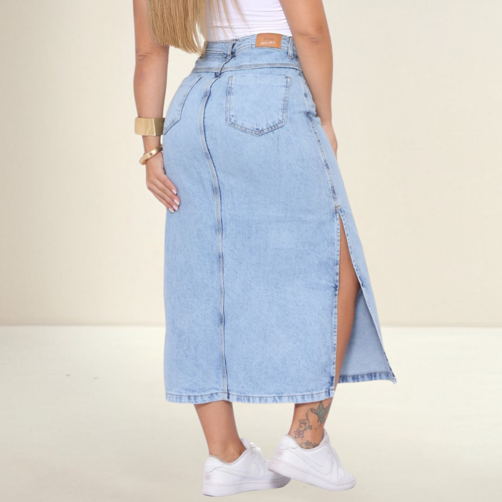 Saia Jeans Feminina Mídi longa Cintura Alta Marmo