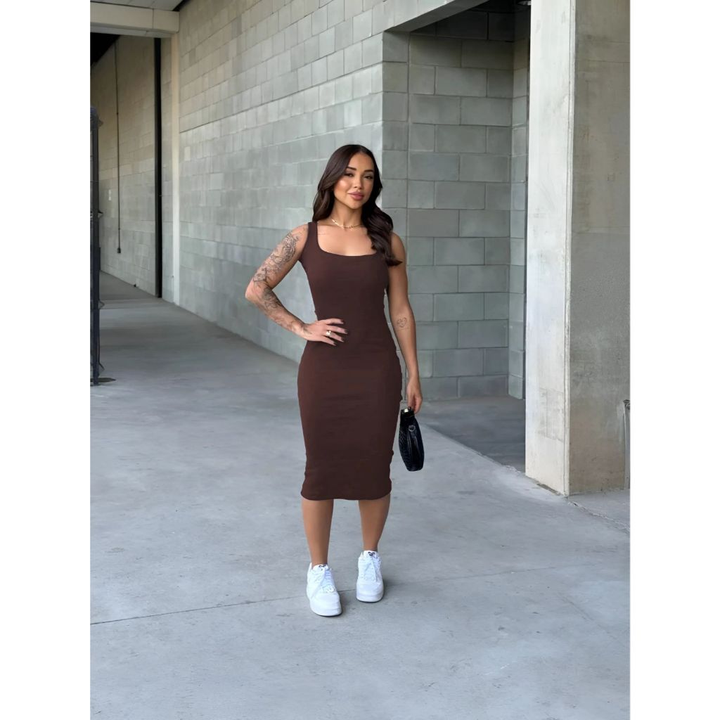 Vestido Midi Canelado Anarruga  Costas Nuas, Alça