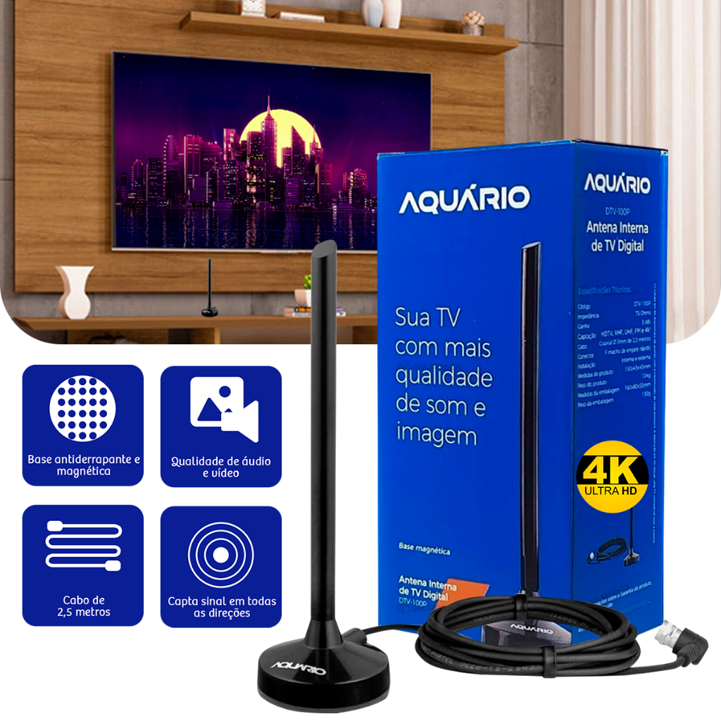 Antena Digital Full HDTV Interna 4k DTV-100P Aquar