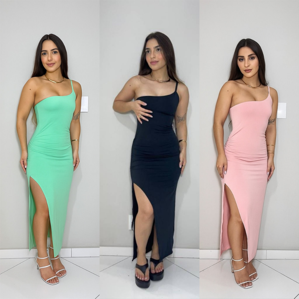 Vestido Midi Mula Manca com Fenda Suplex Um Ombro 