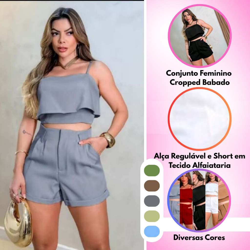 Conjunto Feminino Cropped Babado Alça Regulável 