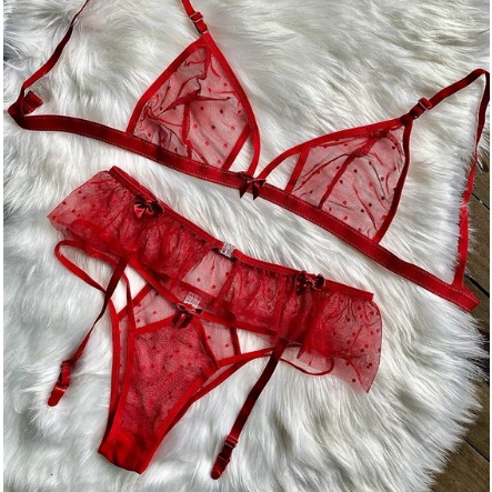 Conjunto Lingerie Tule De Poá Com Cinta Liga De S