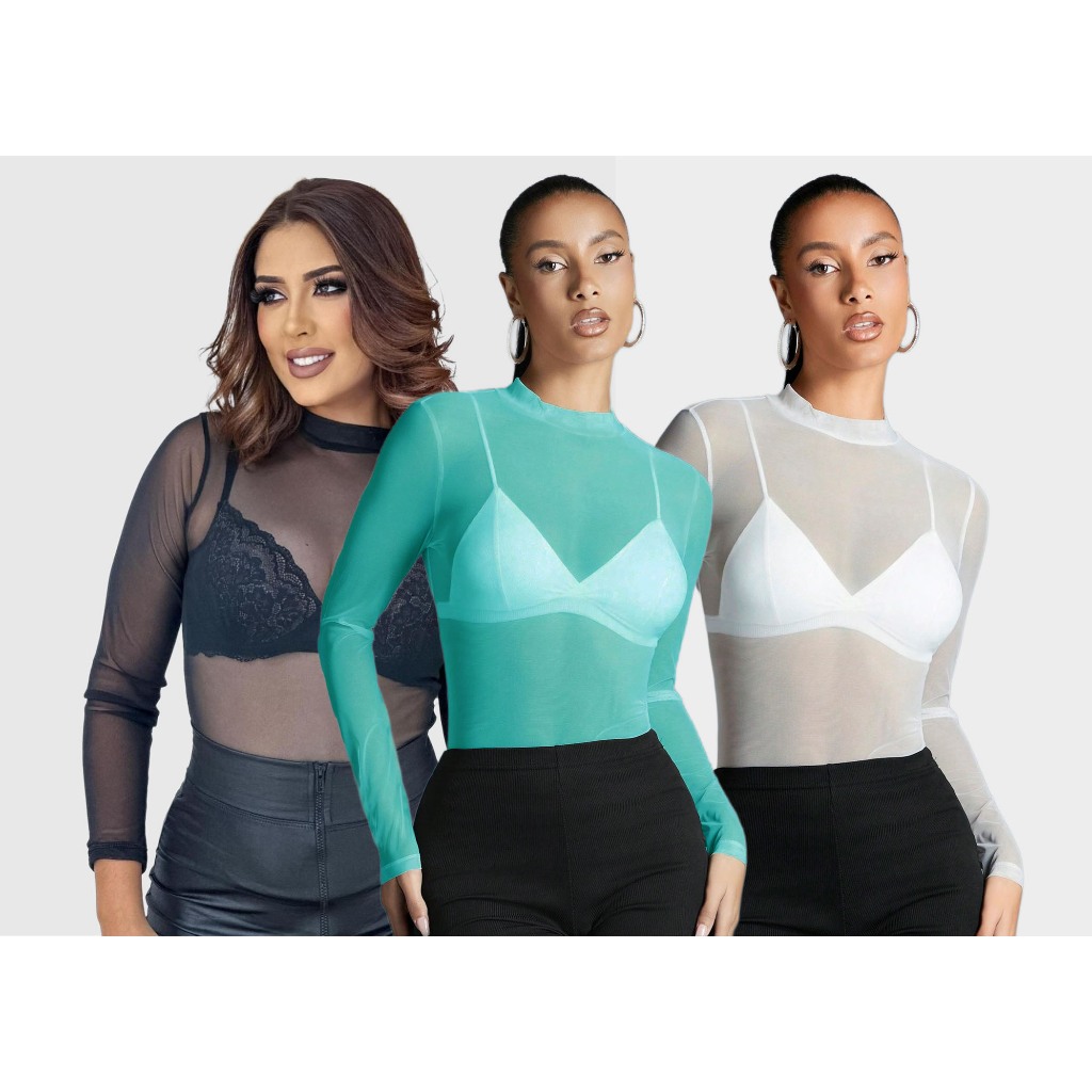 Kit 3 Blusas De Tule Segunda Pele Transparente Man