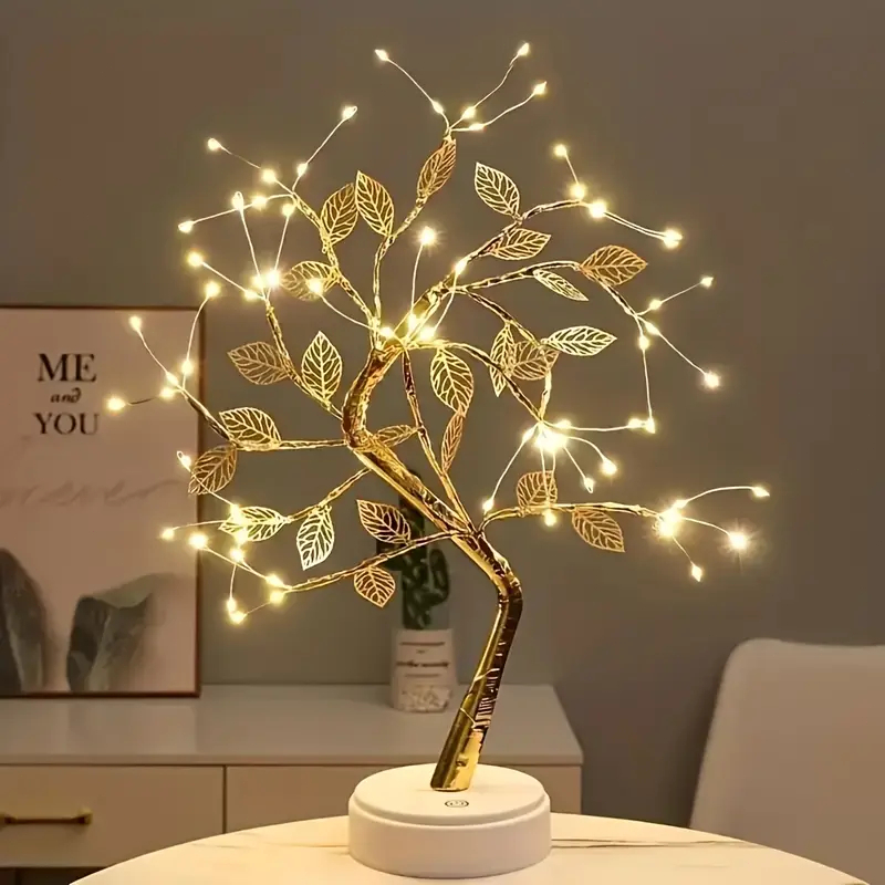 Luminaria Arvore LED Folhas Dourada para Casa Deco