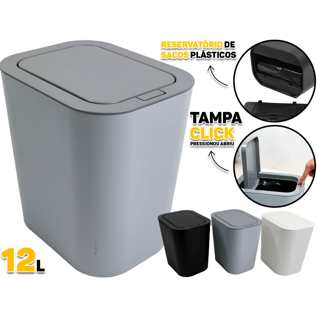 Lixeira 12 Litros Tampa Click Abre Automática E D