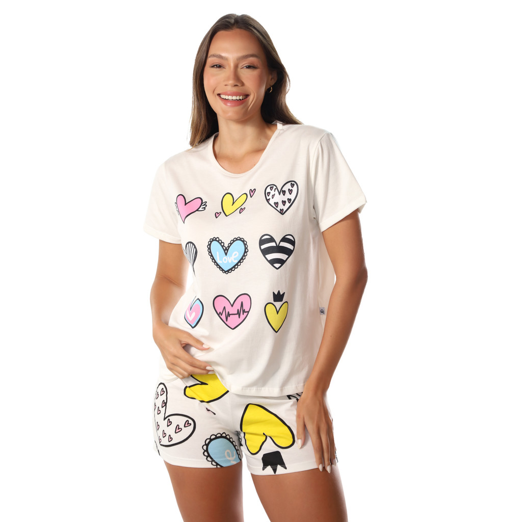 Pijama Verão 100% Algodão Off Coração Empório