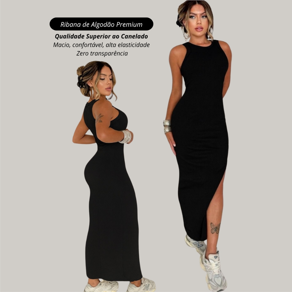 vestido longo com fenda lateral canelado tubinho j