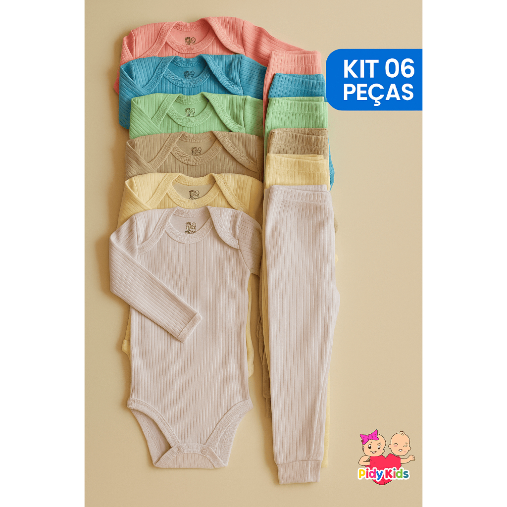 Kit 6 Peças Conjunto Body Manga Longa Canelado + 
