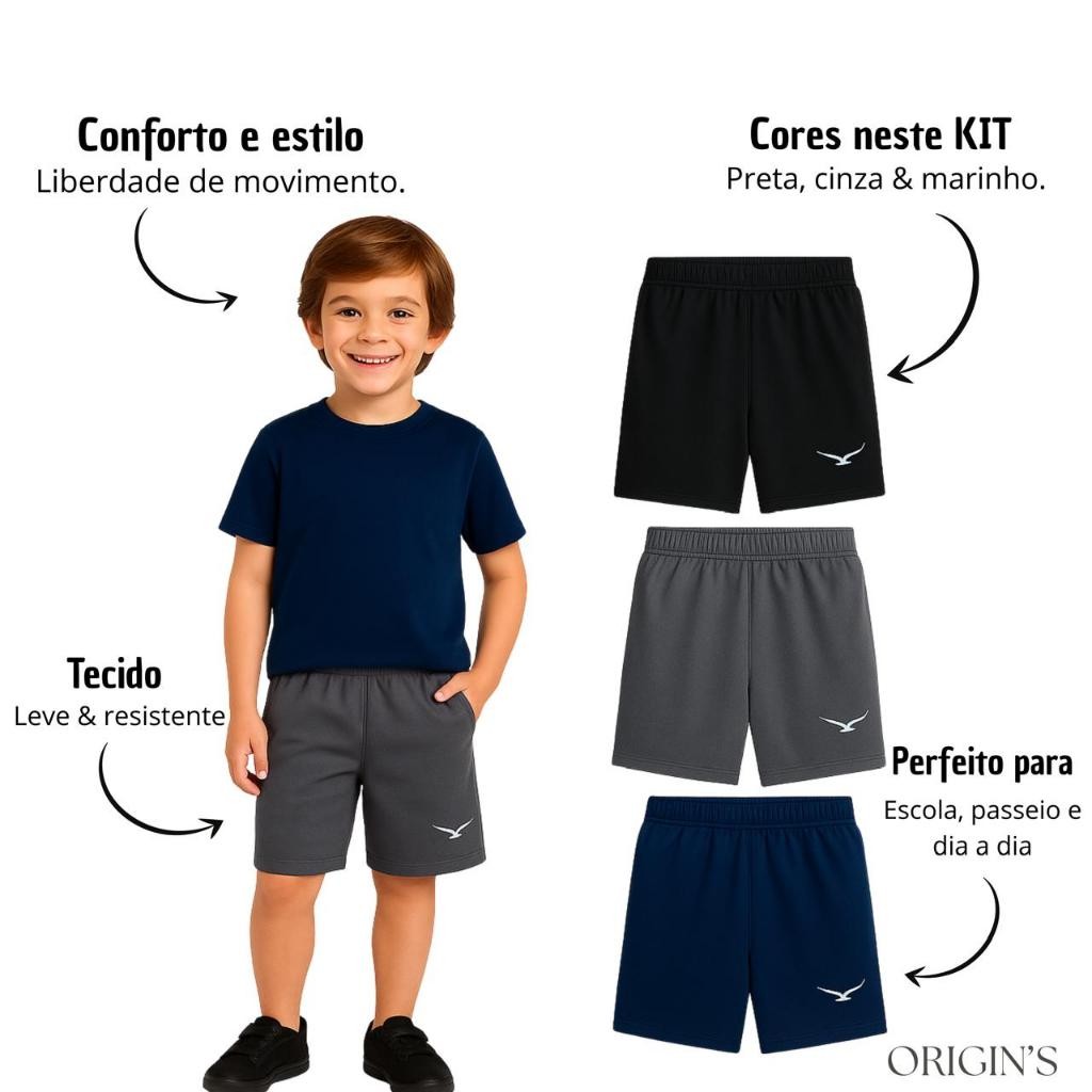 Kit 3 Bermudas Infantil Com Elastico e Cordão de 