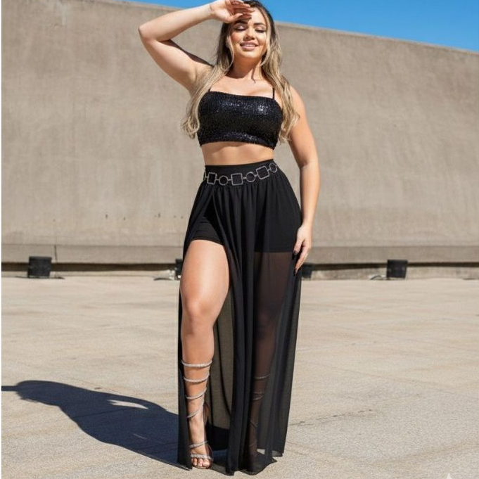 conjunto virginia feminino luxo tule brilho paete 