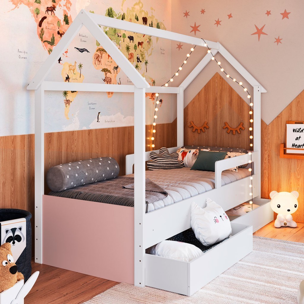 Cama Infantil Montessoriana 2 Gavetas Branco/Rosa 