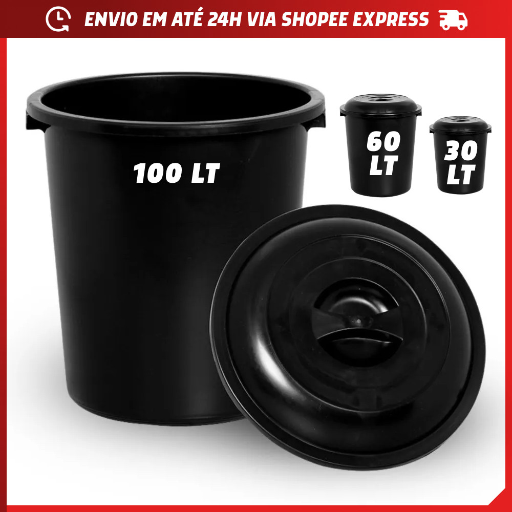 Cesto Lixo Fechado Preto Tampa 100L 60L 30L Plást