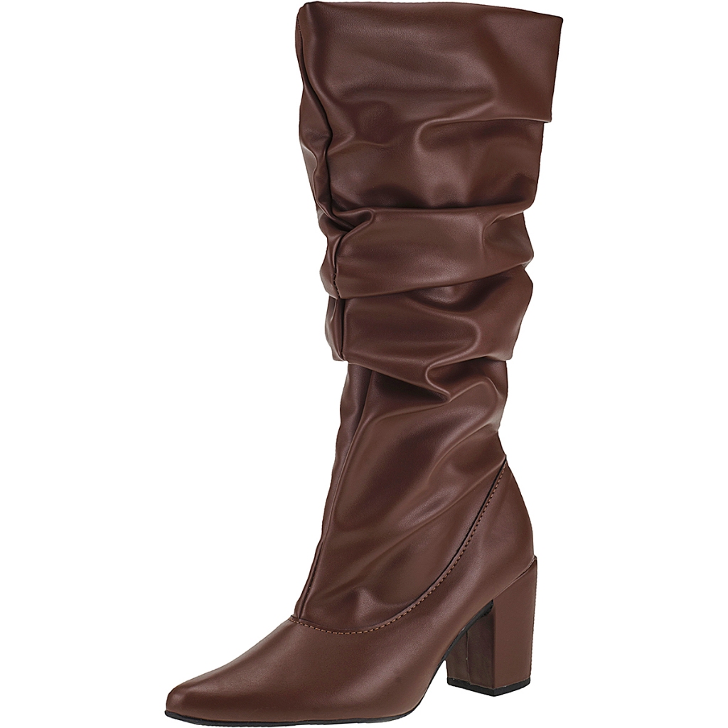 Bota Feminina Cano Longo Enrugado Salto Bloco Bico