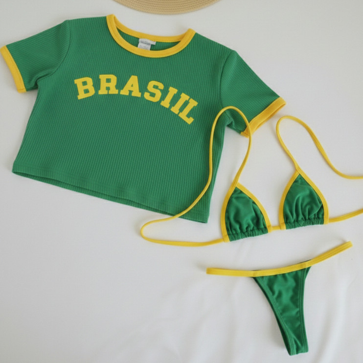 Conjunto 3 Peças Cropped + Biquíni Brasil Moda P