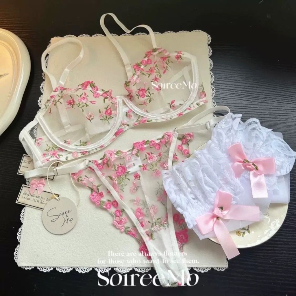 Conjunto de Lingerie Sexy Transparente com Bordado